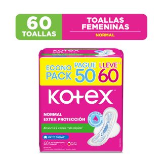 Kotex Toalla Higiénica Normal Extra Protección - Bolsa 60 UN