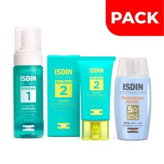 Pack Acniben  Limpiador Purificante + Control Brillo y Granos + Fotoprotector Fusion Water Magic